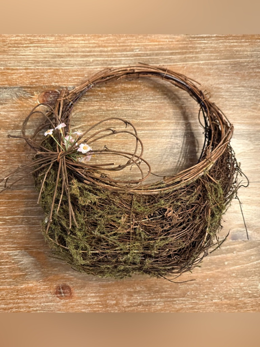 RUSTIC FARMHOUSE WOVEN MOSS & FLORAL HANGING BASKET